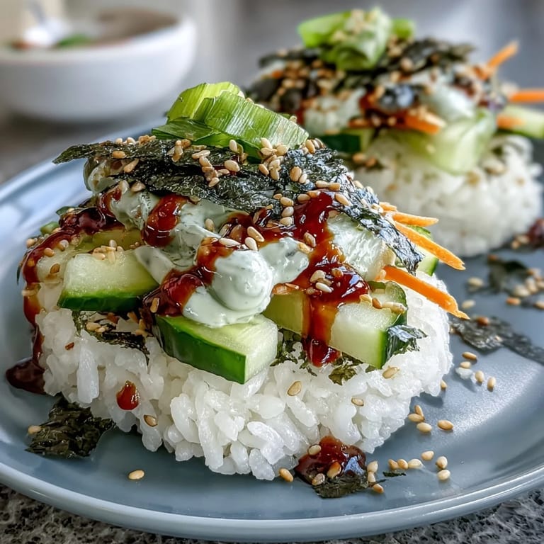Colorful deconstructed sushi bowl featuring fluffy rice, fresh vegetables, and nori, topped with creamy spicy mayo for an easy, flavorful meal.