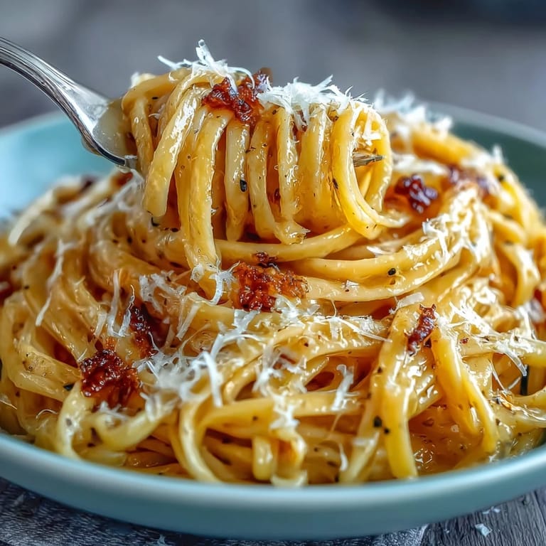 Silky strands of truffle oil pasta tossed with melted butter and freshly grated cheese, served on a rustic table.