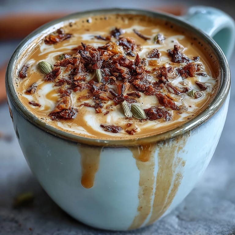 Creamy cardamom chai latte topped with cinnamon, featuring bold black tea and fragrant whole spices in a rustic mug.