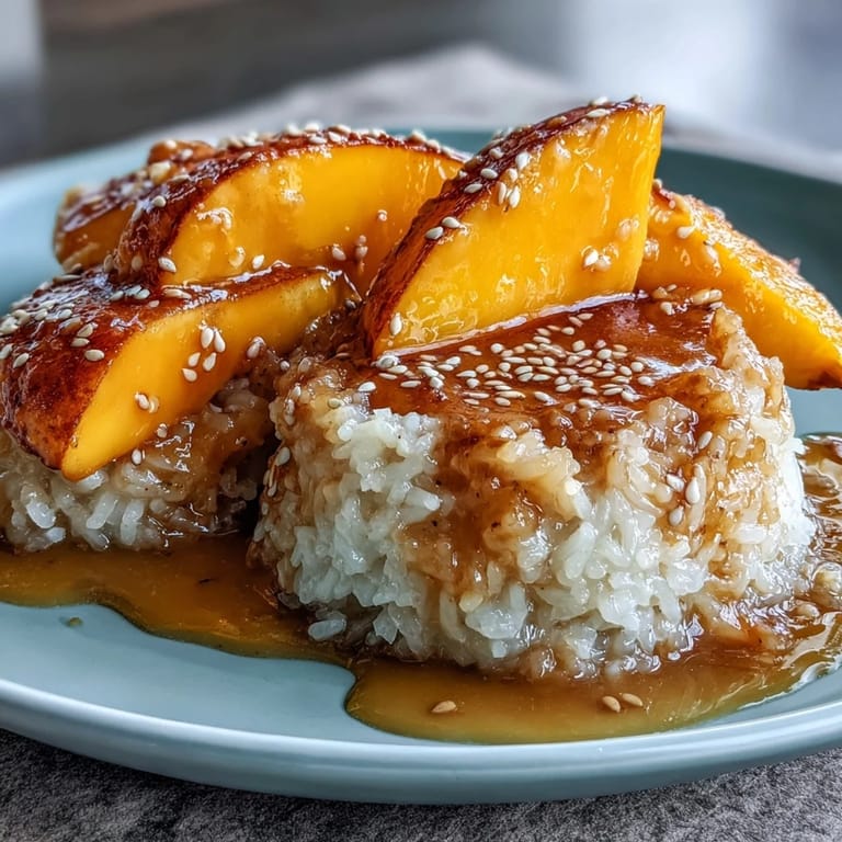Creamy coconut milk sticky rice paired with fresh mango, topped with rich coconut sauce for a luscious, authentic Thai treat.