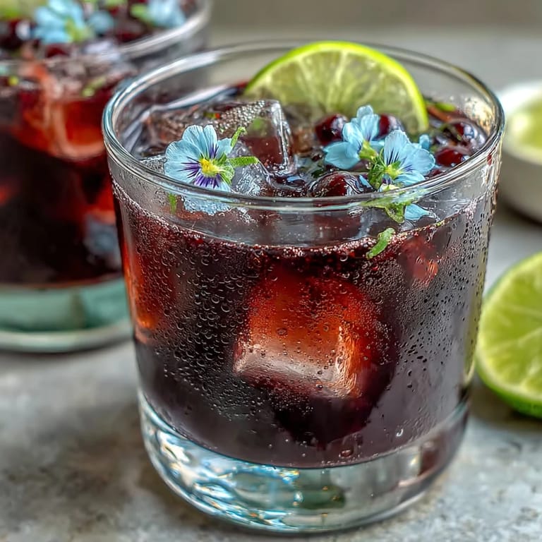 Refreshing black currant gin cocktail combines botanical gin, tangy lime juice, and rich syrup, served over ice with floral garnish.