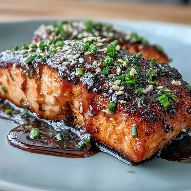 Oven-baked teriyaki glazed salmon with a rich, caramelized sauce, garnished with sesame seeds and green onions for a flavorful Japanese-inspired dish.