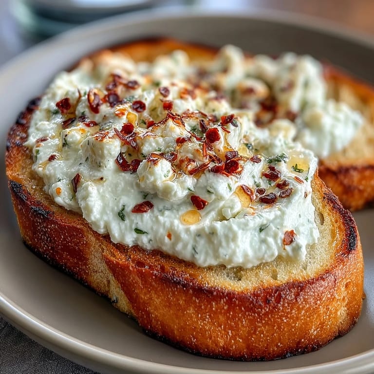 Crispy baguette slices spread with smooth feta and cream cheese blend, finished with a sweet and spicy honey drizzle and crushed red pepper.
