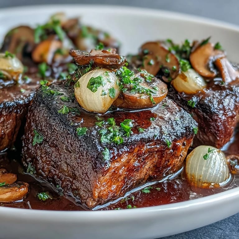 Wild Mushroom Beef Bourguignon served with creamy mashed potatoes, garnished with fresh parsley and a sprinkle of black pepper.