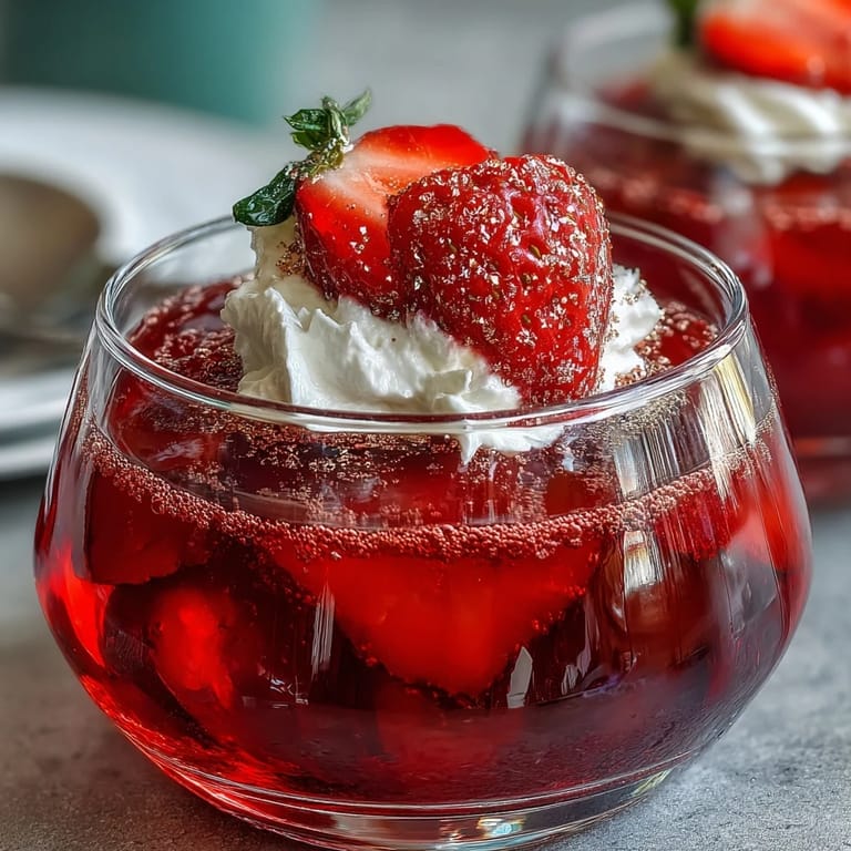 Elegant pink champagne jello shots garnished with whipped cream and edible glitter for Valentine's Day.