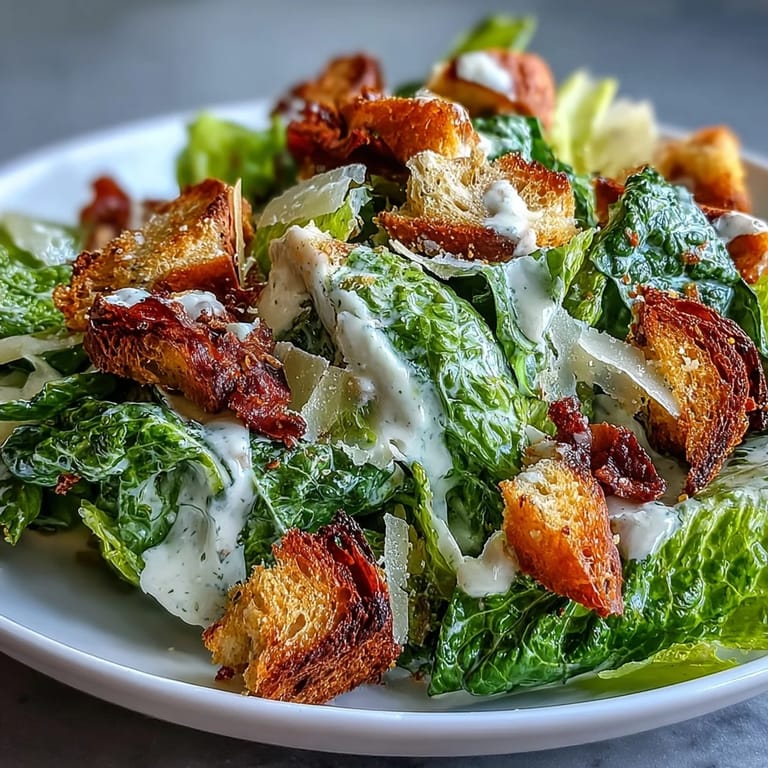 Homemade Caesar salad featuring garlicky sourdough croutons, fresh romaine lettuce, and creamy dressing, finished with Parmesan shavings and cracked pepper.