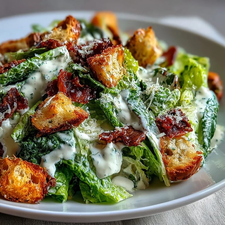 Golden sourdough croutons add irresistible crunch to this classic Caesar salad with crisp romaine, rich dressing, and shaved Parmesan cheese.  