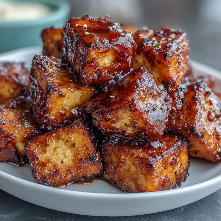 Crispy air-fried tofu bites drizzled with savory peanut sauce, garnished with chopped peanuts and fresh cilantro for extra crunch.  