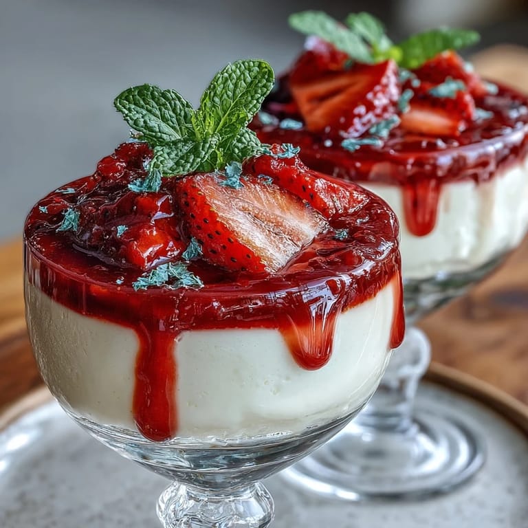 Creamy Italian panna cotta infused with vanilla, served with luscious strawberry coulis and sliced strawberries in elegant glasses.