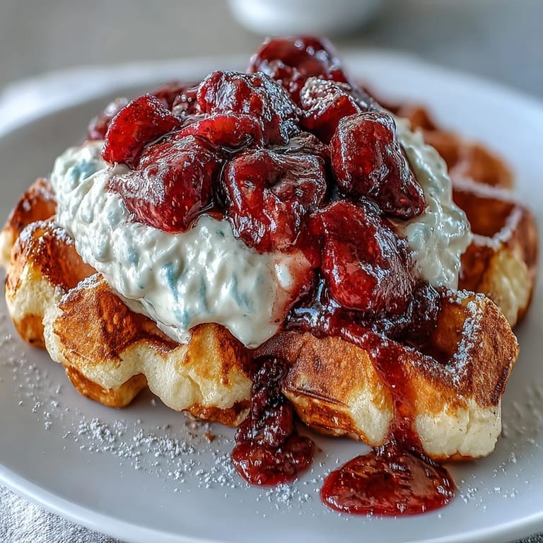 Delicious strawberry heart waffles served with a creamy cottage cheese topping and macerated berries, creating a protein-rich and visually stunning brunch dish.