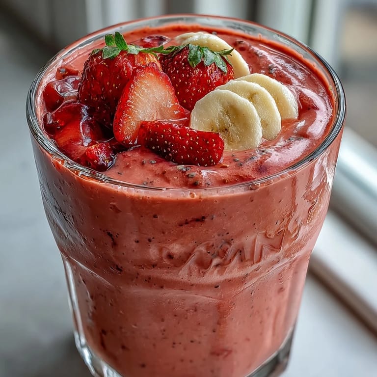 A refreshing strawberry banana protein smoothie with a smooth texture, topped with chia seeds for added nutrition and crunch.