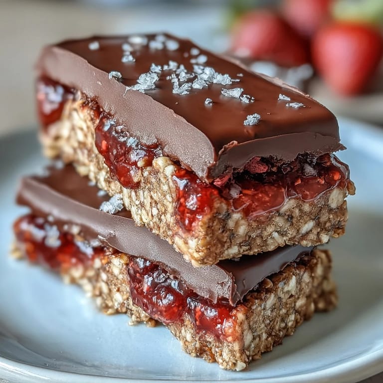 Sweet strawberry preserves and crunchy freeze-dried berries nestled between hearty oat layers in these no-bake bars.  
