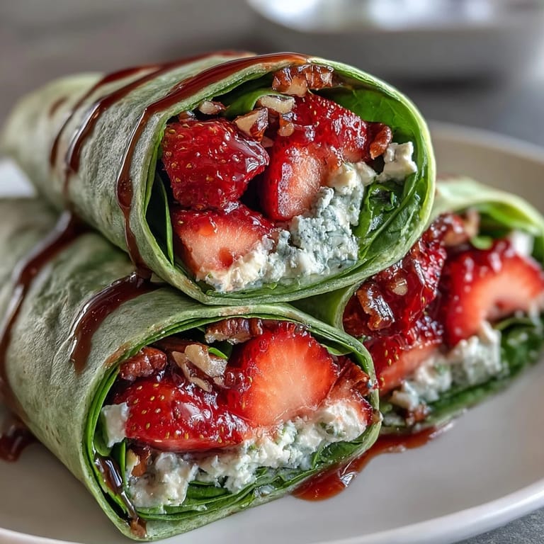 Close-up of freshly rolled strawberry and spinach wraps showing the colorful interior ingredients.