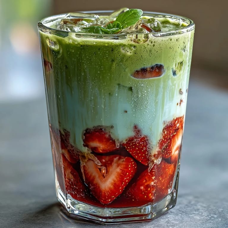 Delicious layered strawberry matcha latte with oat milk, blending sweet berry flavor, rich green tea, and creamy dairy-free milk for a perfect summer drink.