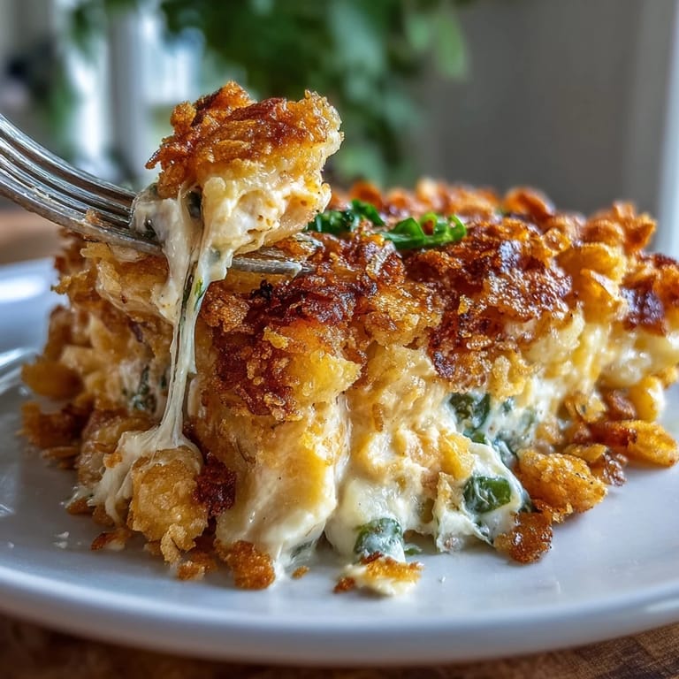 Spicy jalapeño and sharp cheddar Funeral Potatoes baked to bubbly perfection, topped with buttery cornflake crunch.