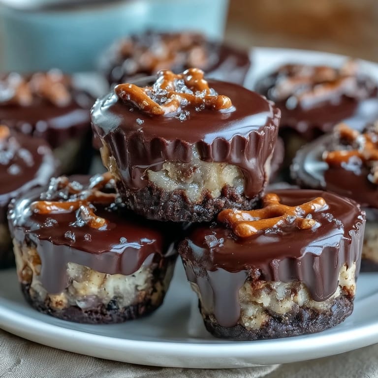 Homemade peanut butter cups with a crunchy pretzel base, layered with smooth peanut butter and topped with glossy melted chocolate, perfect for dessert lovers.
