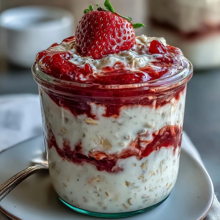 Vibrant strawberry swirl nestled in airy yogurt oats, topped with fresh fruit and nuts, an easy make-ahead morning treat.