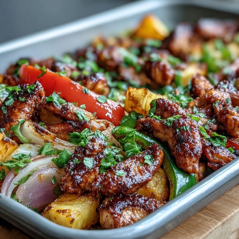 Colorful bell peppers and sweet pineapple join seasoned chicken strips on a sheet pan for a tangy, fuss-free Tex-Mex meal.  