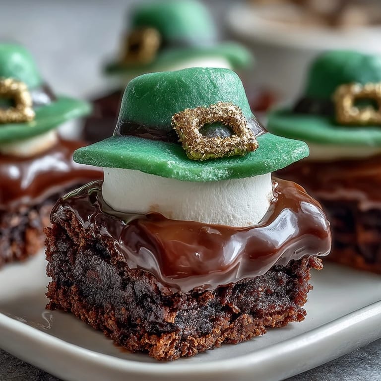 Festive fudgy brownie bites topped with chocolate-coated marshmallow hats and gold sprinkle buckles for a lucky St. Patrick's Day dessert.