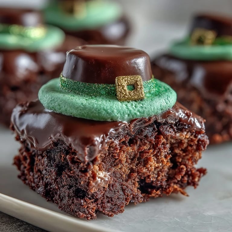 Whimsical Leprechaun Hat Brownie Bites featuring rich chocolate brownies crowned with marshmallow hats, green icing bands, and edible gold accents.