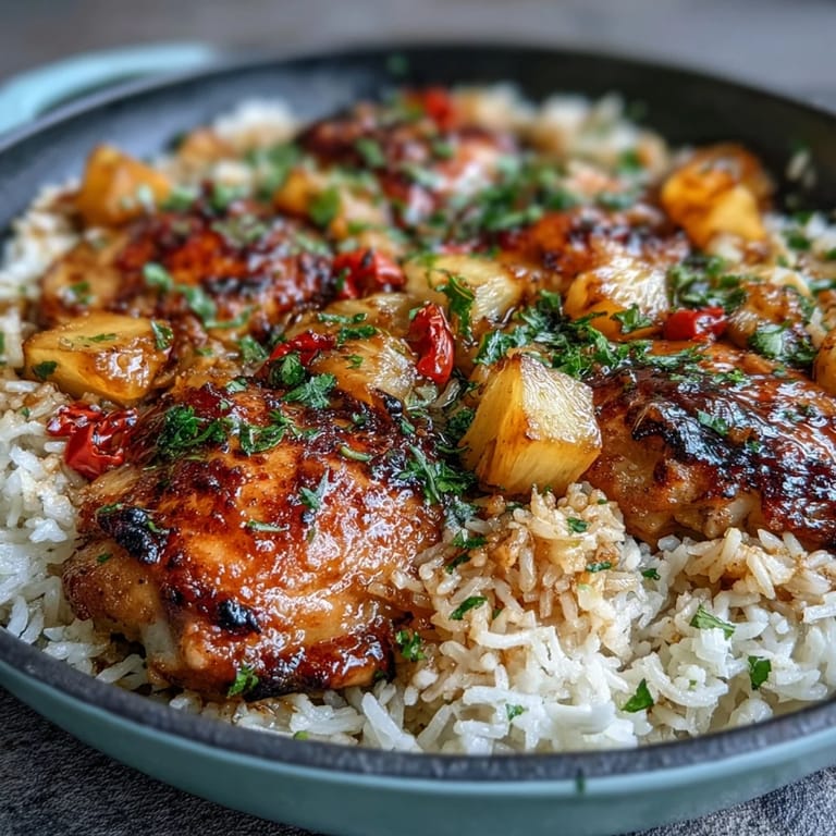 Golden baked chicken thighs rest atop fluffy rice infused with sweet pineapple and colorful bell peppers, creating a tropical-inspired meal in a single pan.