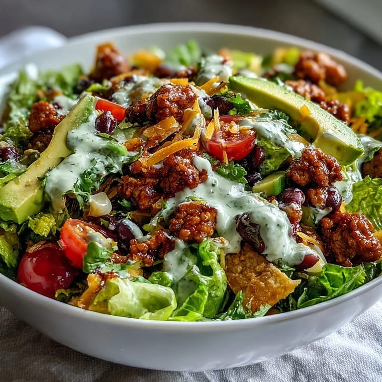 Colorful, healthy taco salad featuring lean turkey, crunchy romaine, and tangy Greek yogurt ranch—perfect for a quick dinner.  