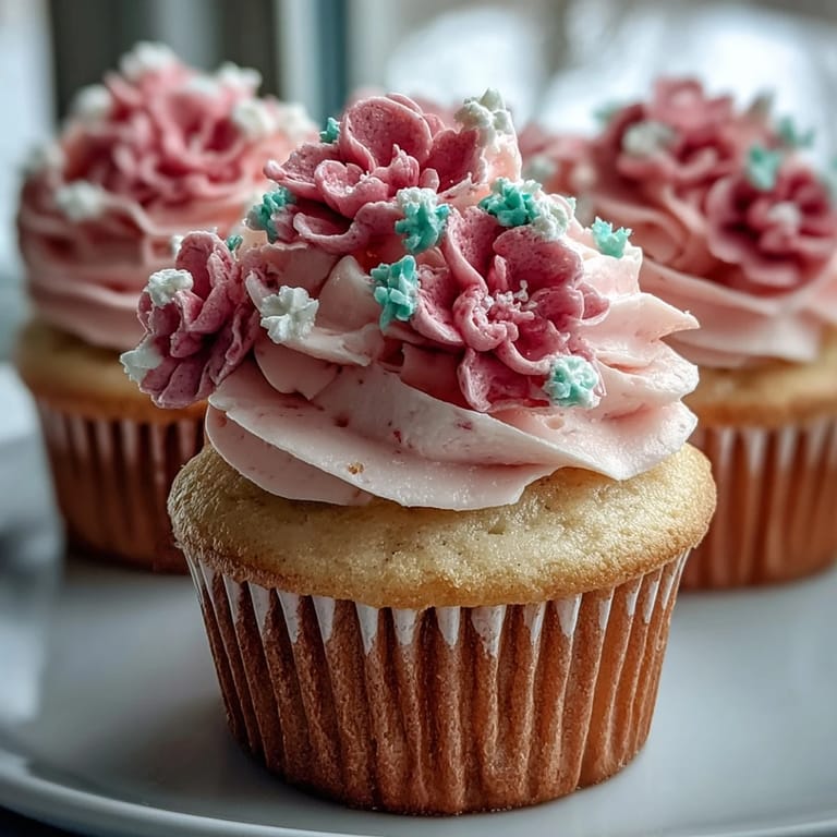Handcrafted Baby in Bloom cupcakes topped with piped buttercream roses, blossoms, and leaves for a charming garden-inspired dessert.