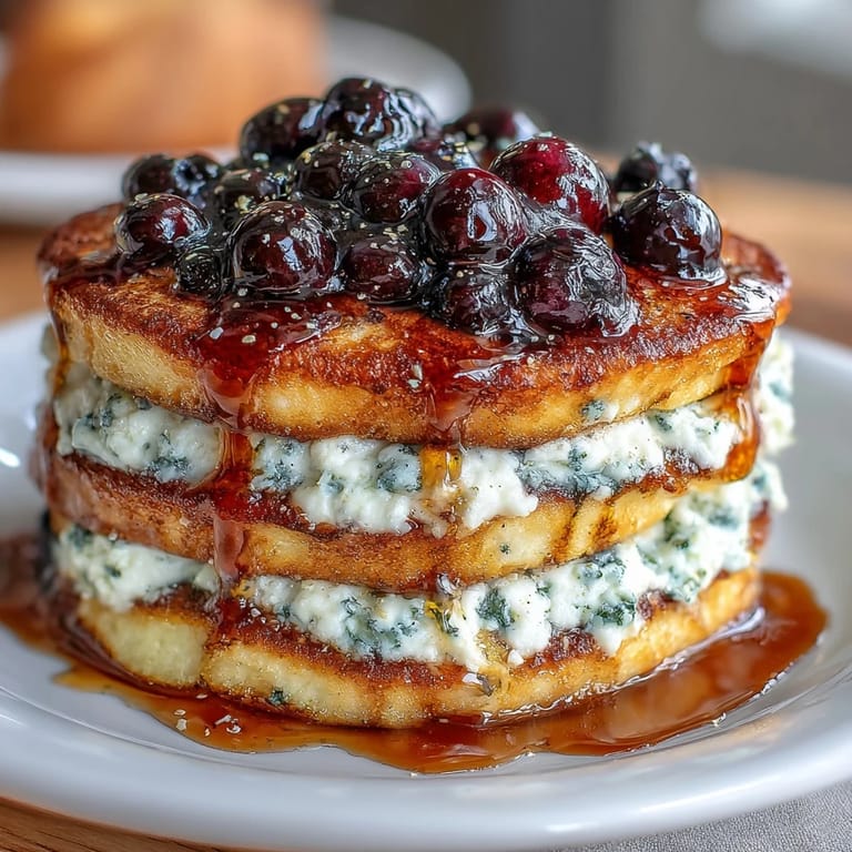 Golden-brown cottage cheese protein pancakes topped with fresh blueberries and a sprinkle of powdered sugar, perfect for a nutritious breakfast.