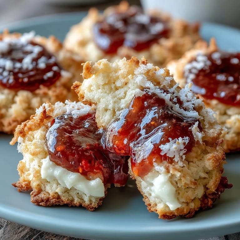 Delicate clotted cream sugar cookies, tender and rich, featuring a sweet strawberry jam center that adds a burst of fruity flavor.