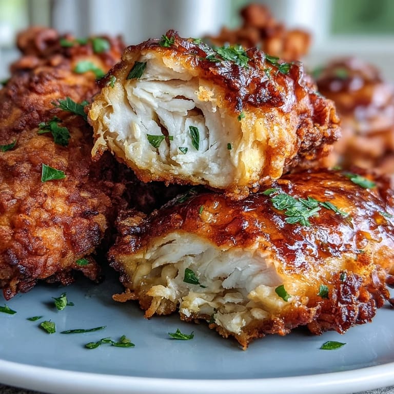 A hearty Southern plate featuring tender fried chicken with a shatteringly crisp coating beside warm honey butter biscuits.