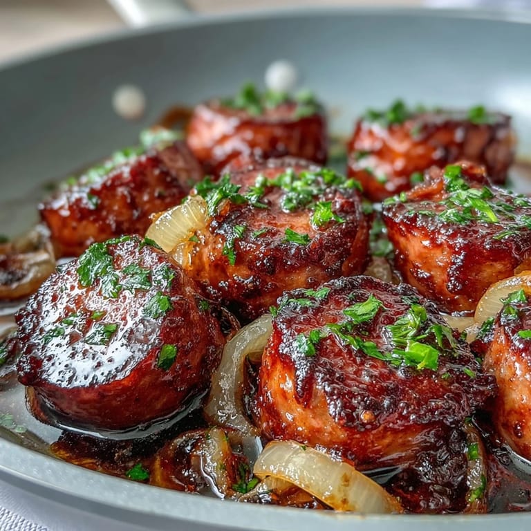Vibrant sheet pan dinner with savory sausages nestled among sweet peppers and onions, seasoned with herbs.  