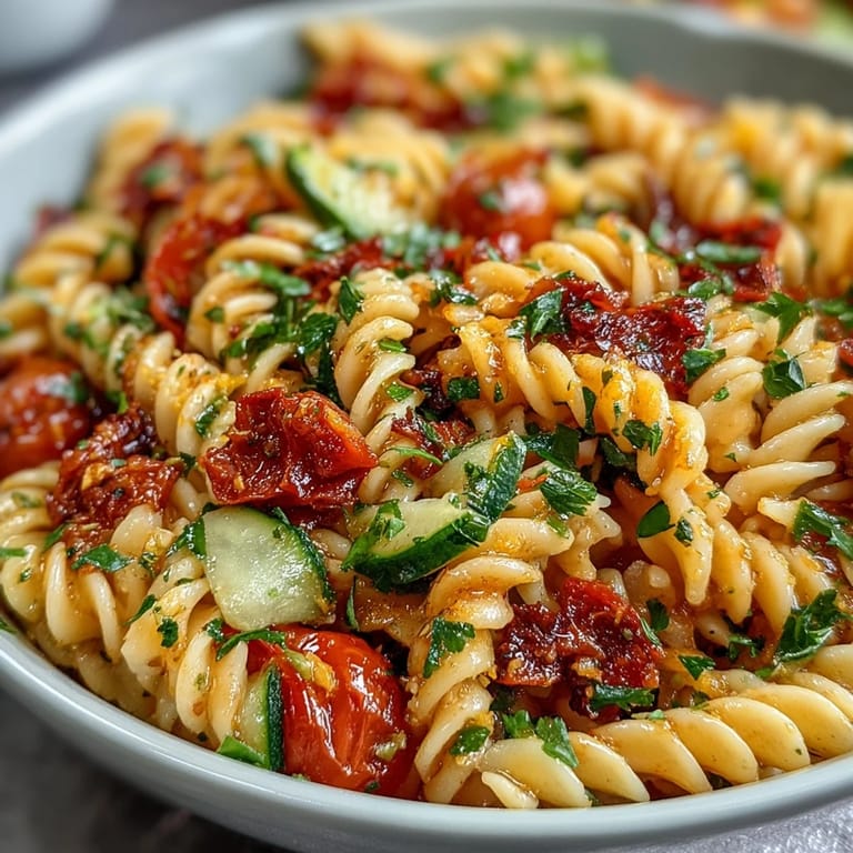 Colorful lemon vinaigrette pasta salad featuring tender pasta, bright vegetables, and tangy dressing—great for light lunches or gatherings.