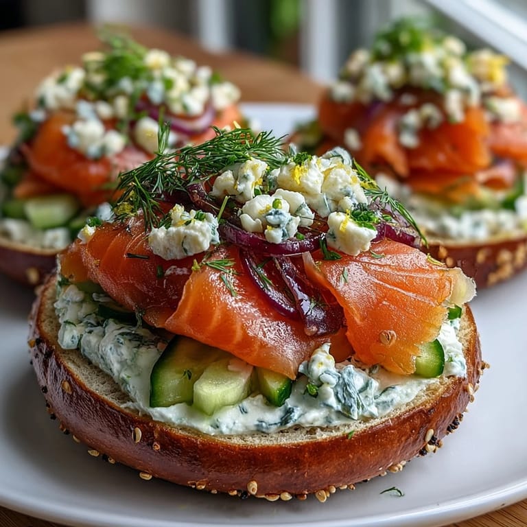 Elegant smoked salmon and bagel platter with whipped cream cheese, cucumber, avocado, and lemon wedges for sharing.