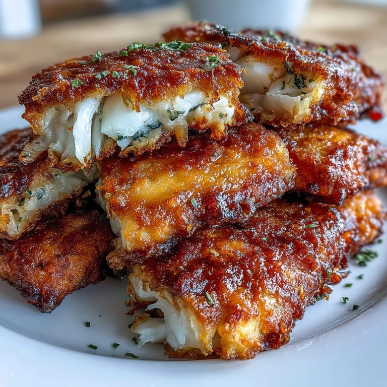 Southern-style fried catfish with cornmeal coating, golden brown and crispy, paired with a tangy homemade remoulade sauce on a rustic plate.