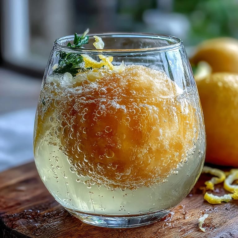 Two scoops of lemon sorbet with Limoncello and sparkling water, garnished with a lemon slice.