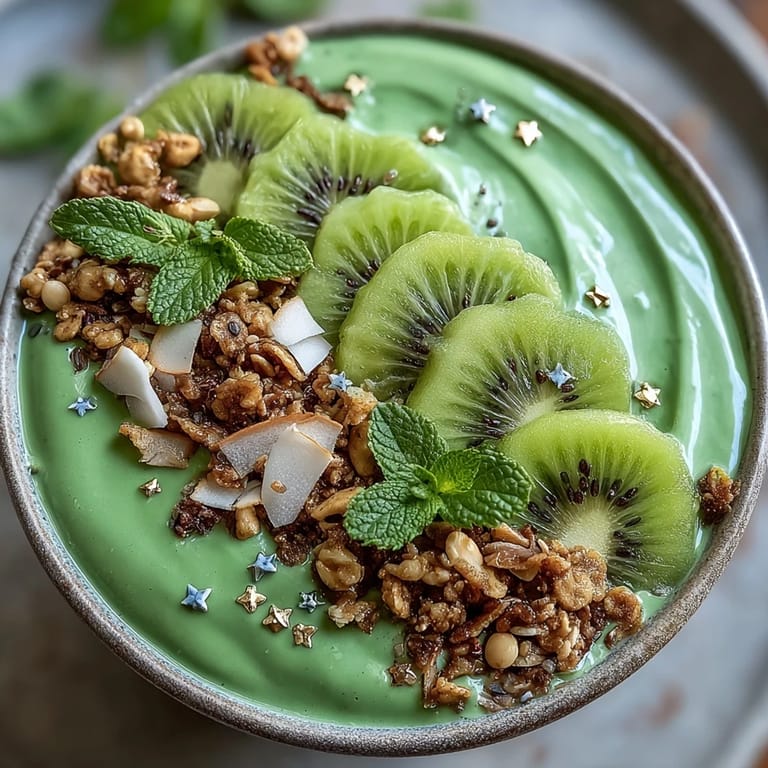 Festive shamrock-shaped smoothie bowl packed with spinach, avocado, and vanilla protein, garnished with kiwi, chia seeds, and edible gold sprinkles.