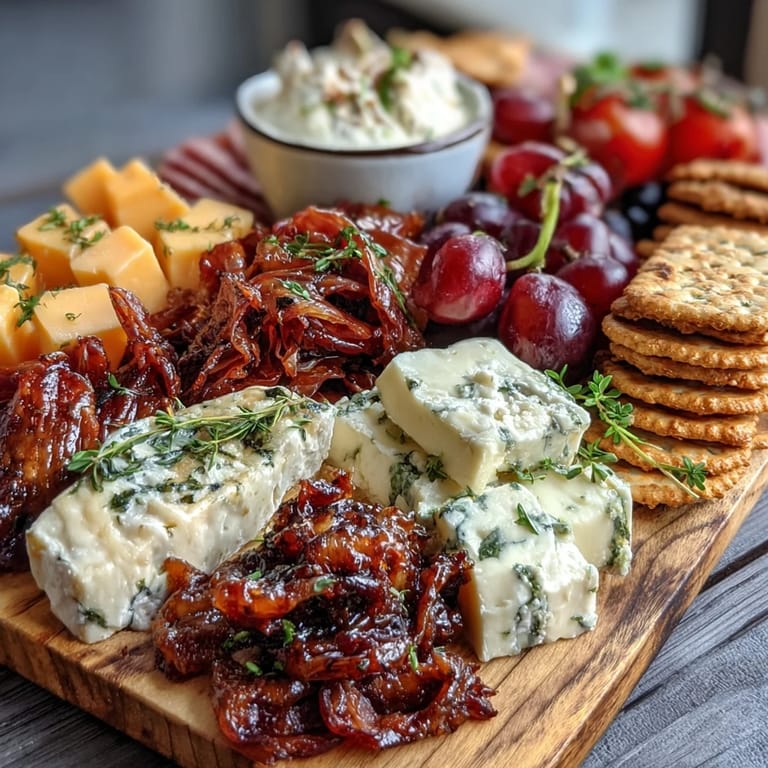 Elegant housewarming charcuterie board featuring assorted meats, cheeses, and colorful fruits and vegetables.  