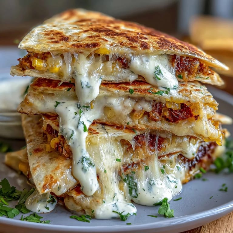 Golden quesadillas bursting with charred corn, spicy jalapeño, and creamy chipotle sauce, perfect for a festive meal.