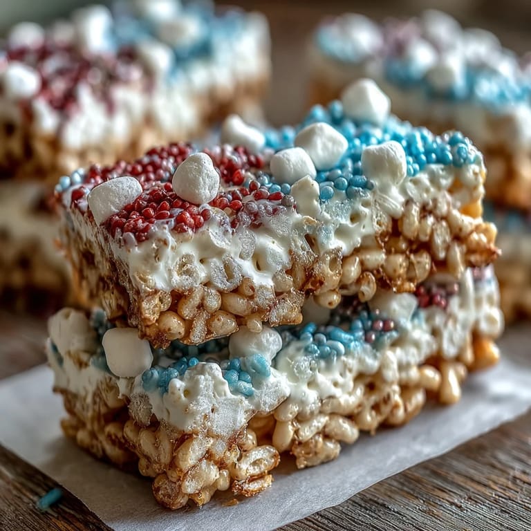 Festive Rice Krispies treats featuring bold red, white, and blue colors, ideal for your holiday celebration.