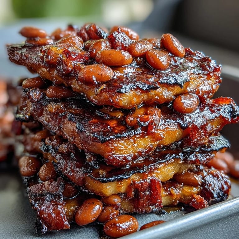 3. A warm scoop of summer BBQ baked beans with brown sugar and bacon, served alongside grilled meats at a backyard cookout.