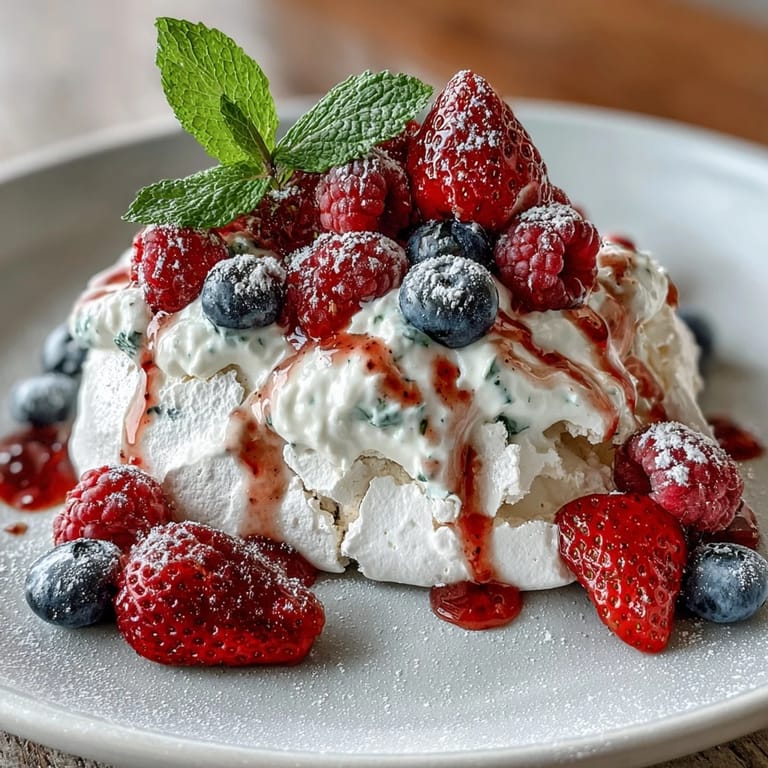 A beautiful Pavlova with Fresh Berries and Cream, perfectly crisp and topped with vibrant fruit.