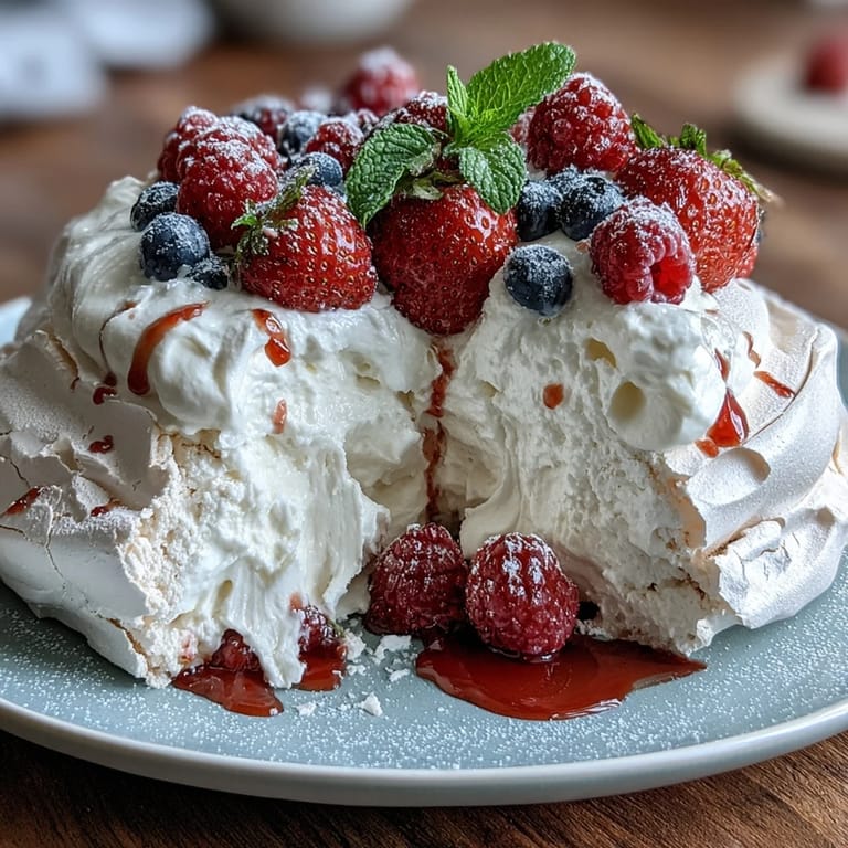 Enjoy this showstopping Pavlova with Fresh Berries and Cream, a sweet, airy cloud of delight.