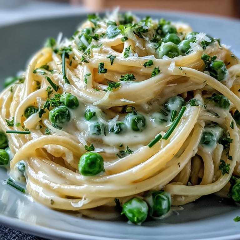 Creamy lemon pasta dish featuring bright peas, ready to enjoy for dinner.