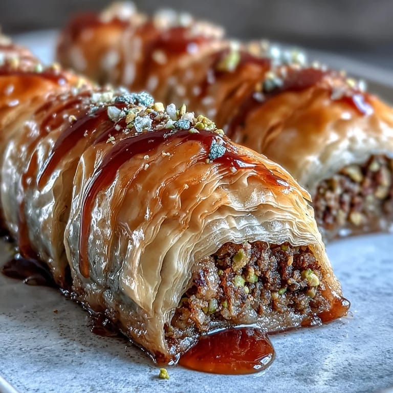 Fragrant Middle Eastern pistachio baklava rolls filled with crushed pistachios, baked until golden, and soaked in sweet citrus blossom syrup.