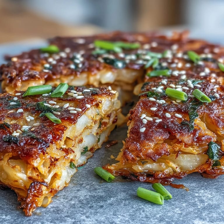 Savory Korean-style kimchi pancakes with crunchy napa cabbage, served hot with a sesame soy dipping sauce.  