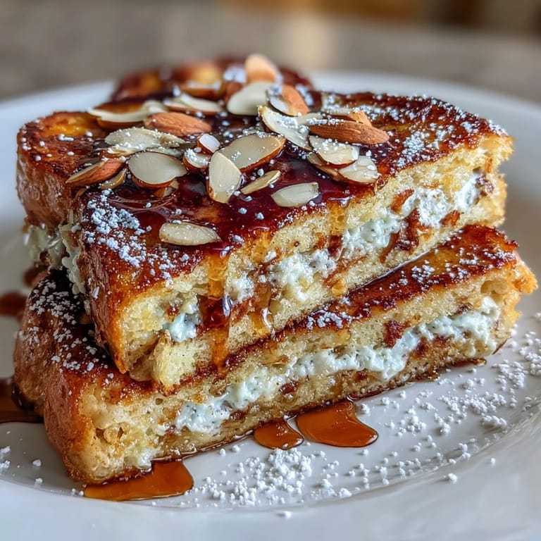 Irresistible almond croissant French toast featuring brioche soaked in luscious almond cream, served warm with a dusting of powdered sugar.