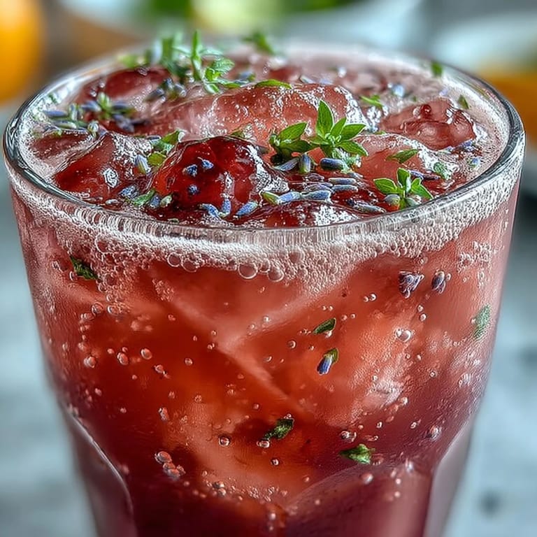 Sparkling blackberry lavender lemonade fizz, a refreshing drink crowned with purple berries.
