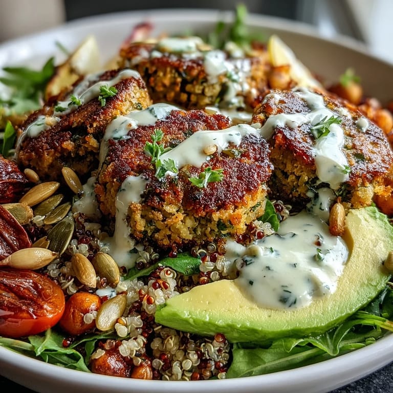 Colorful Spring Buddha Bowl featuring seasonal veggies, golden falafel, and creamy lemon-tahini dressing for a healthy lunch.  