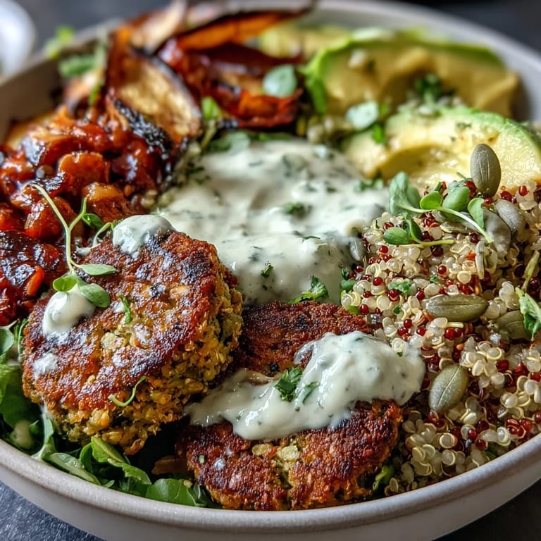 Fresh Spring Buddha Bowl with tender roasted vegetables, pan-fried falafel, and tangy lemon-tahini dressing on a bed of quinoa.