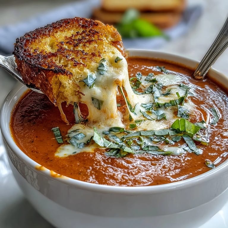 Velvety tomato soup infused with basil, garnished with crispy grilled cheese croutons for the ultimate comfort food experience.